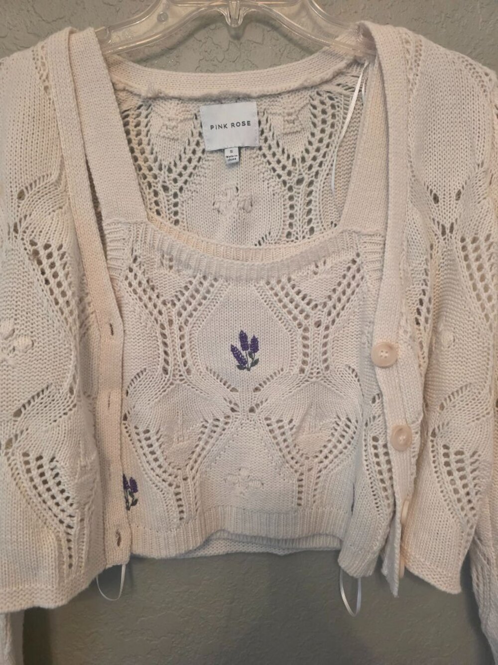 Pink Rose 2 Piece Embroidered Cardigan Open Knit Sweater Tank Set S EUC - Picture 2 of 13